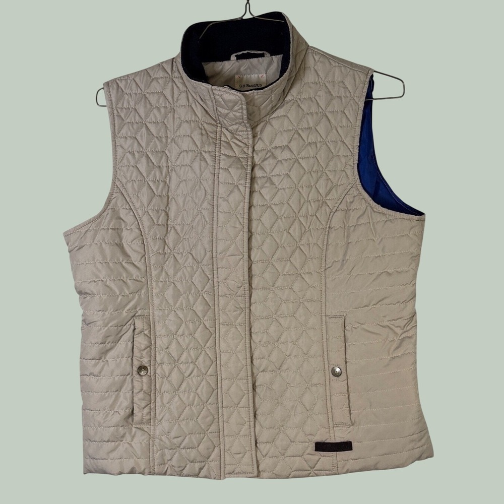 GH Bass & Co Womens XL Quilted Vest Tan Beige Fleece Lined Collar Full Zip Snap